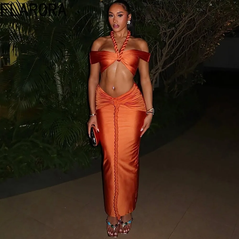 

FLARORA Sexy Braid Patchwork 2 Piece Set Woman Beach Y2K Crop Tops And Ruched Wrap Skirt Party Elegant Vacation Slim Clubwear