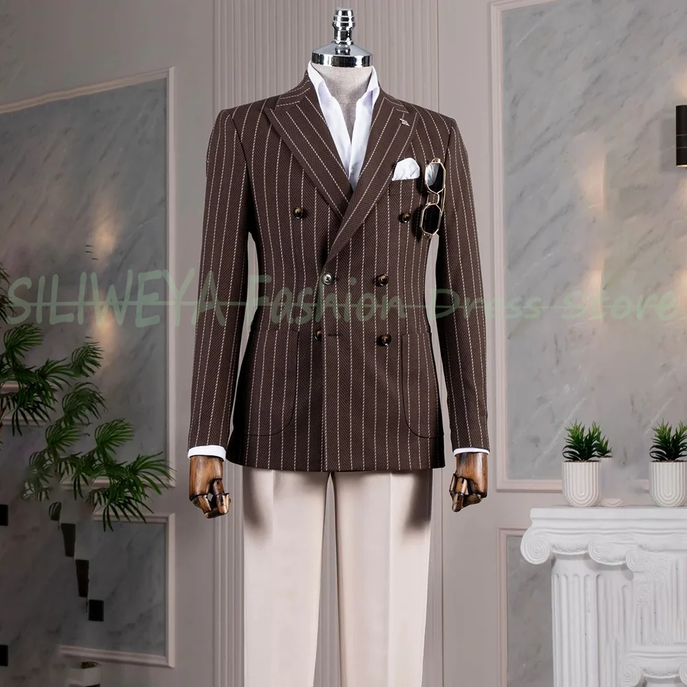 

2 Piece Striped Men's Tuxedo Suit Groomsmen Wedding Party Prom Business Casual Jacket Pants Blazer Set Trajes Para Hombre