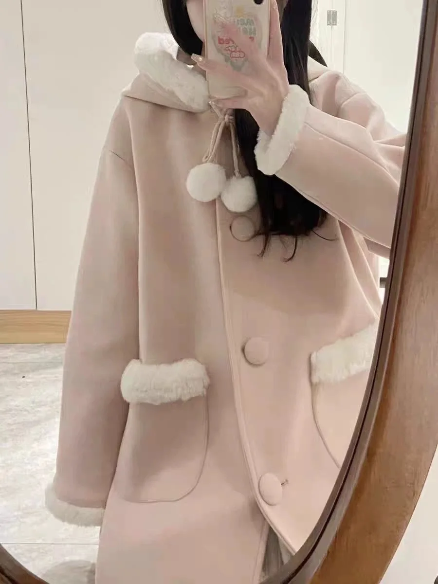 

Нежно-розовое шерстяное пальто с капюшоном для женщин, утепленное, осенне-зимняя верхняя одежда, повседневное, комфортное, средней длины