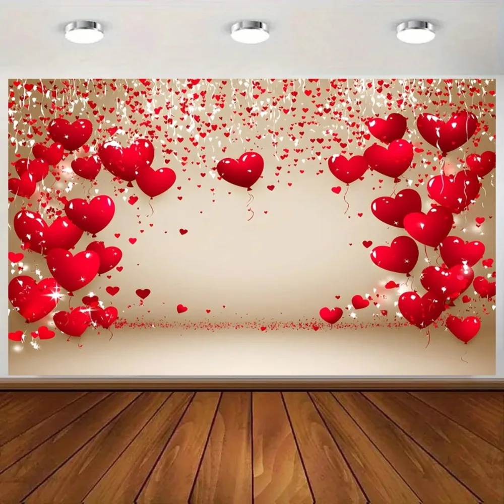 Jubiläums-Hintergrund mit roten herzförmigen Ballons, Geburtstag, Hochzeitsfeier, Dekoration, Fotostudio-Hintergrund