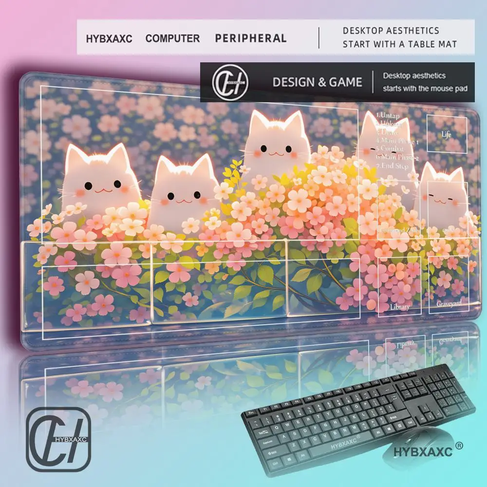 

HYBXAXC Cute Chubby Kitten Sakura Flower Mouse Pad Extended Gaming Desk Mat Kawaii Pink Floral Mousepad For PC Laptop