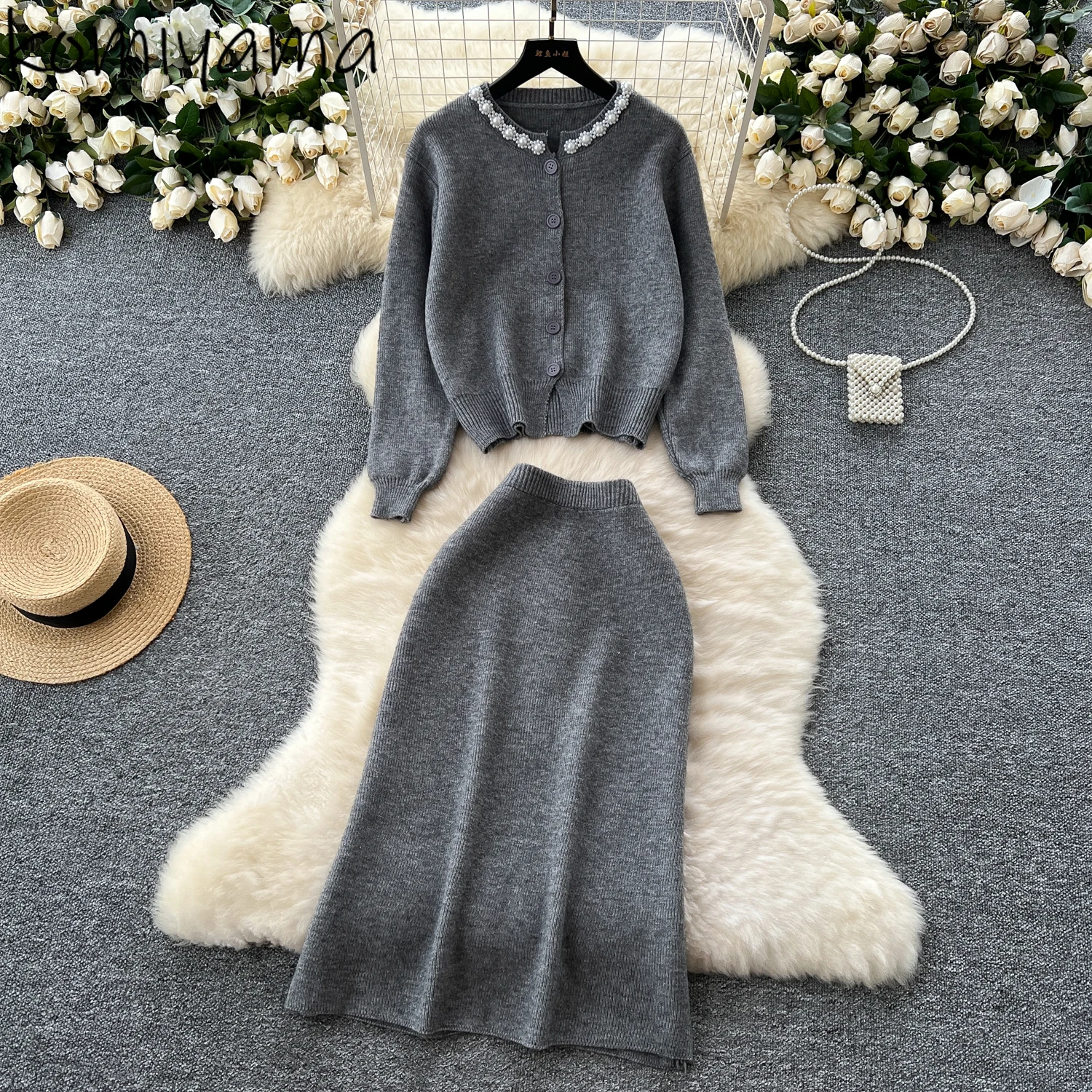 

Small Fragrance Woman 2025 New Knit Sets Sweet Beads Round Neck Single Breasted Cardigan High Waist A-line Skirt Autumn Set