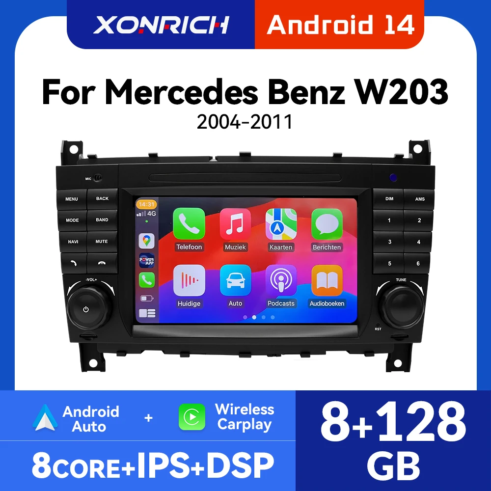 Bezprzewodowe Radio Samochodowe z CarPlay i Android Auto do Mercedes Benz Klasy C W203 W209 C180 W219 2004-2011 Android 14 8G+128GB 2Din GPS