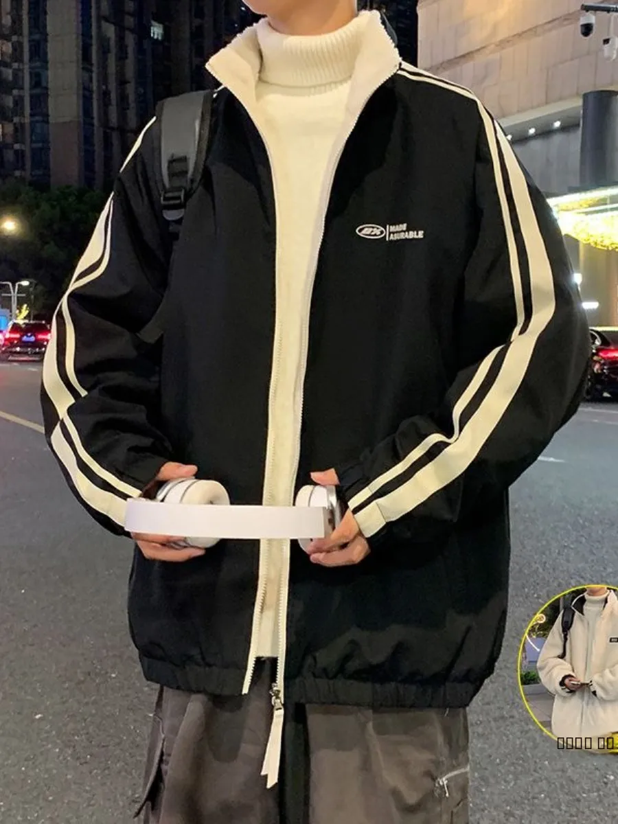 

Double-Sided Wear Men's Jaet American Sle Outerwear Autumn Winter Thiened Fce Loose Top Windproof High Street Faion