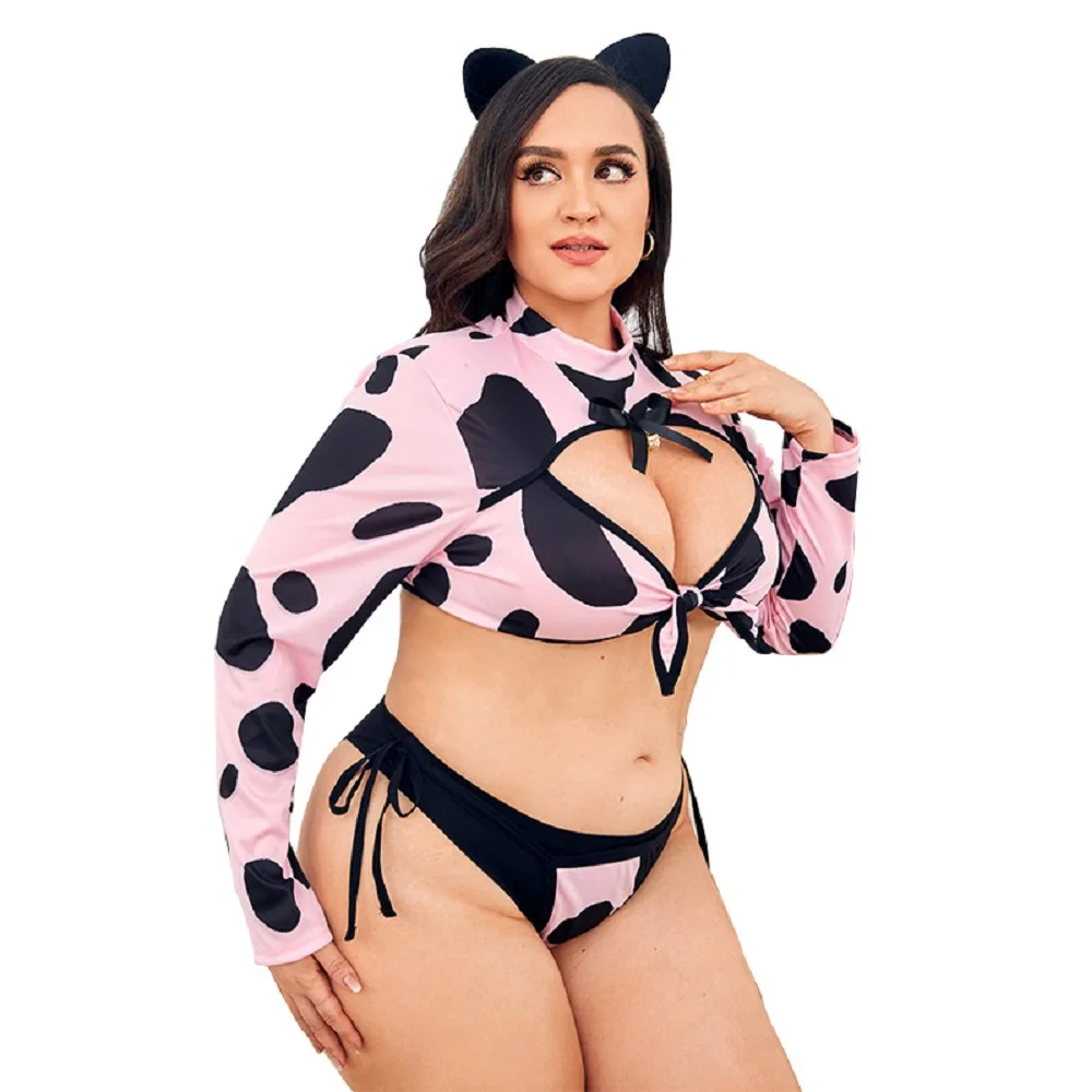 Women's Plus Size Roleplay Cow Lingerie Underwear Adult Lady Large Size Two Pieces Cosplay Costumes Longe Sleeve Fliter Outfits