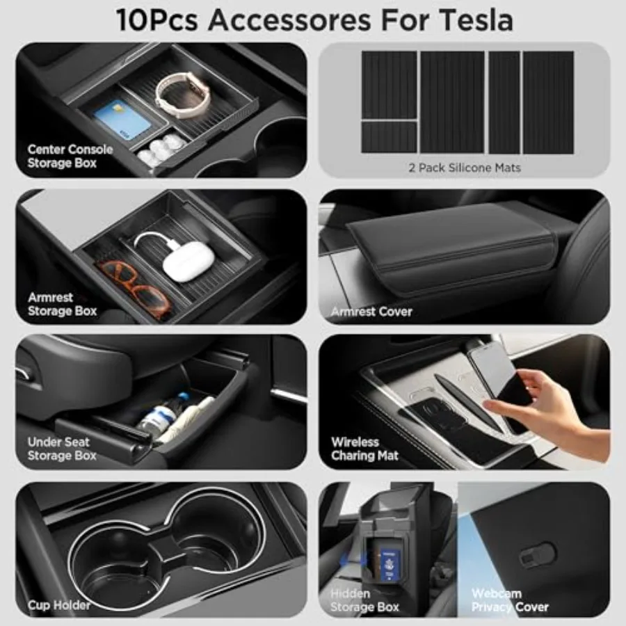 10PCS Center Console Organizer for New Model Y Juniper Premium and Performance Under Seat Storage Armrest Cover Hidden Storage
