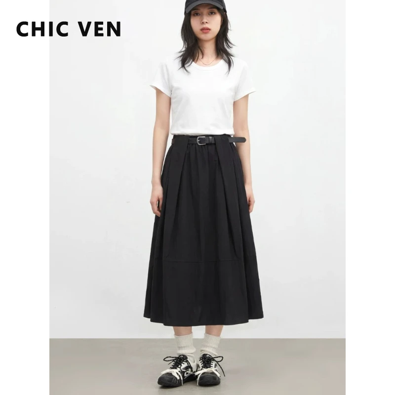 

CHIC VEN Korean New Women Skirts Black Loose Casual Simple High Waisted A-line Ladies Half Skirt Spring Summer 2026