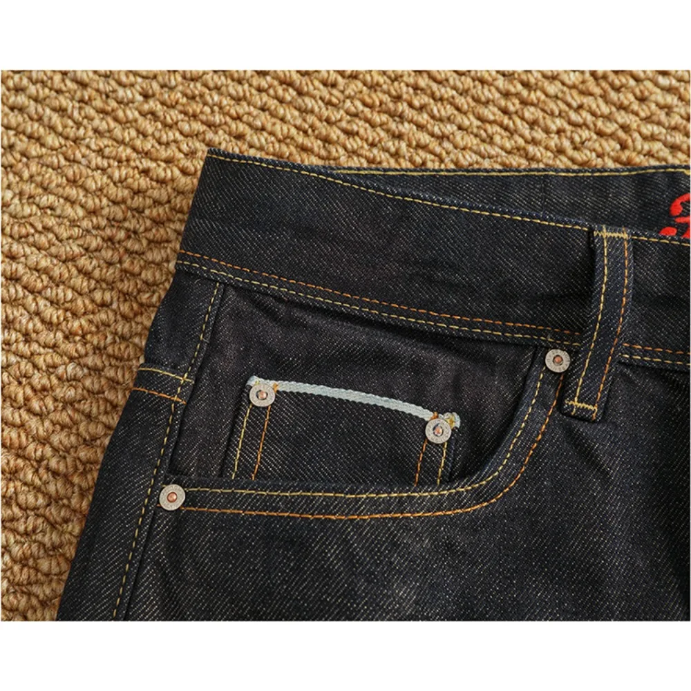 جينز جينز عالي التراجع للأذن الحمراء 12 أونصة للرجال من القماش الأصلي المزيل بمستقيم ثقيل مخروطي ريترو