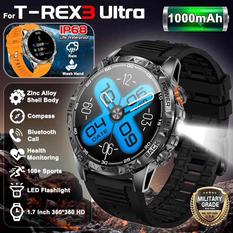 

LIGE Military For T-Rex 3 Ultra Smart Watch 1000mAh Battery Men Outdoor Long Standby IP68 Waterproof Sports BT Call Smartwatch