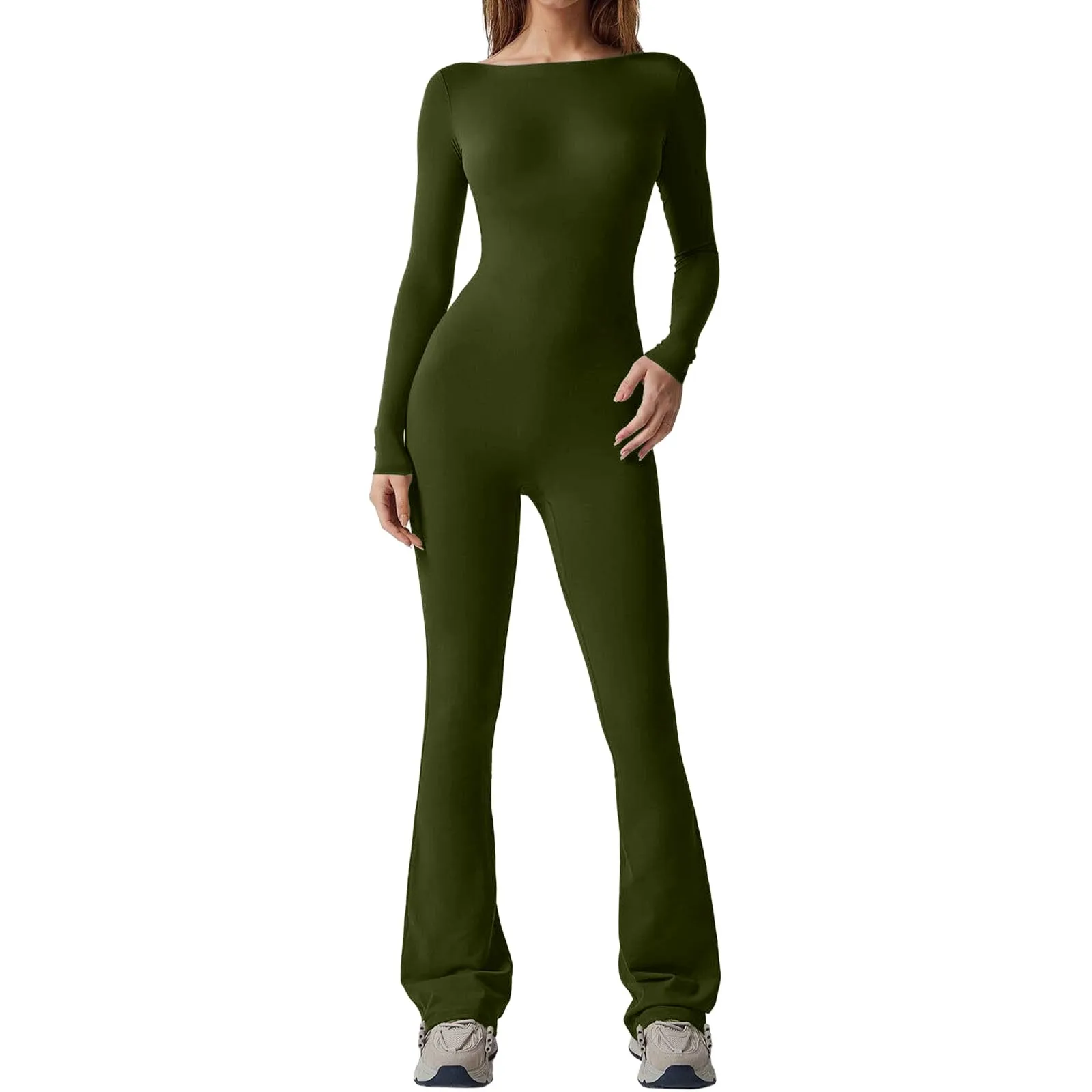 Women'S Long Sleeve Bodysuit Slim Sexy Open Back Casual Yoga Sports Overalls Plus Size One Pieces Full Length Elegant Jumpsuits