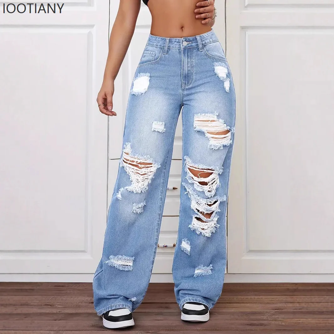 

Джинсы с дырками, женские широкие брюки, винтажные потертые рваные джинсы длиной до пола, с высокой талией, потертые уличные женские брюки