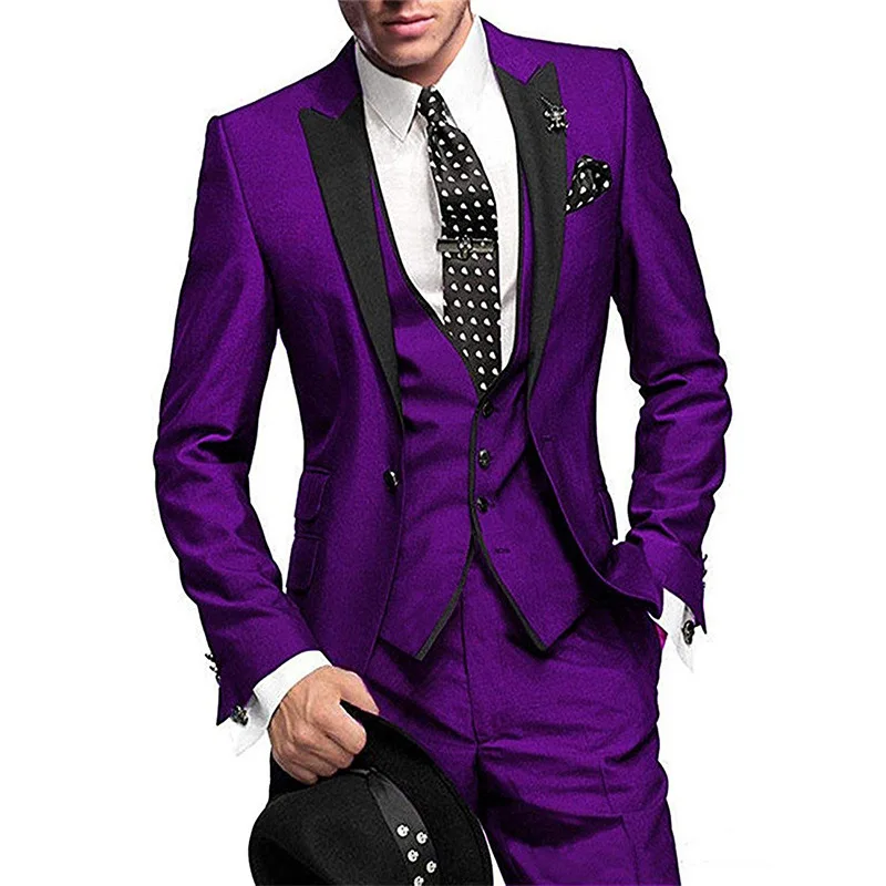3 Piece Purple Men's Suit Notch Lapel 1 Buttons Slim Fit Blazer Vest Pant Set Breathable Lightweight For Groom Business Casual