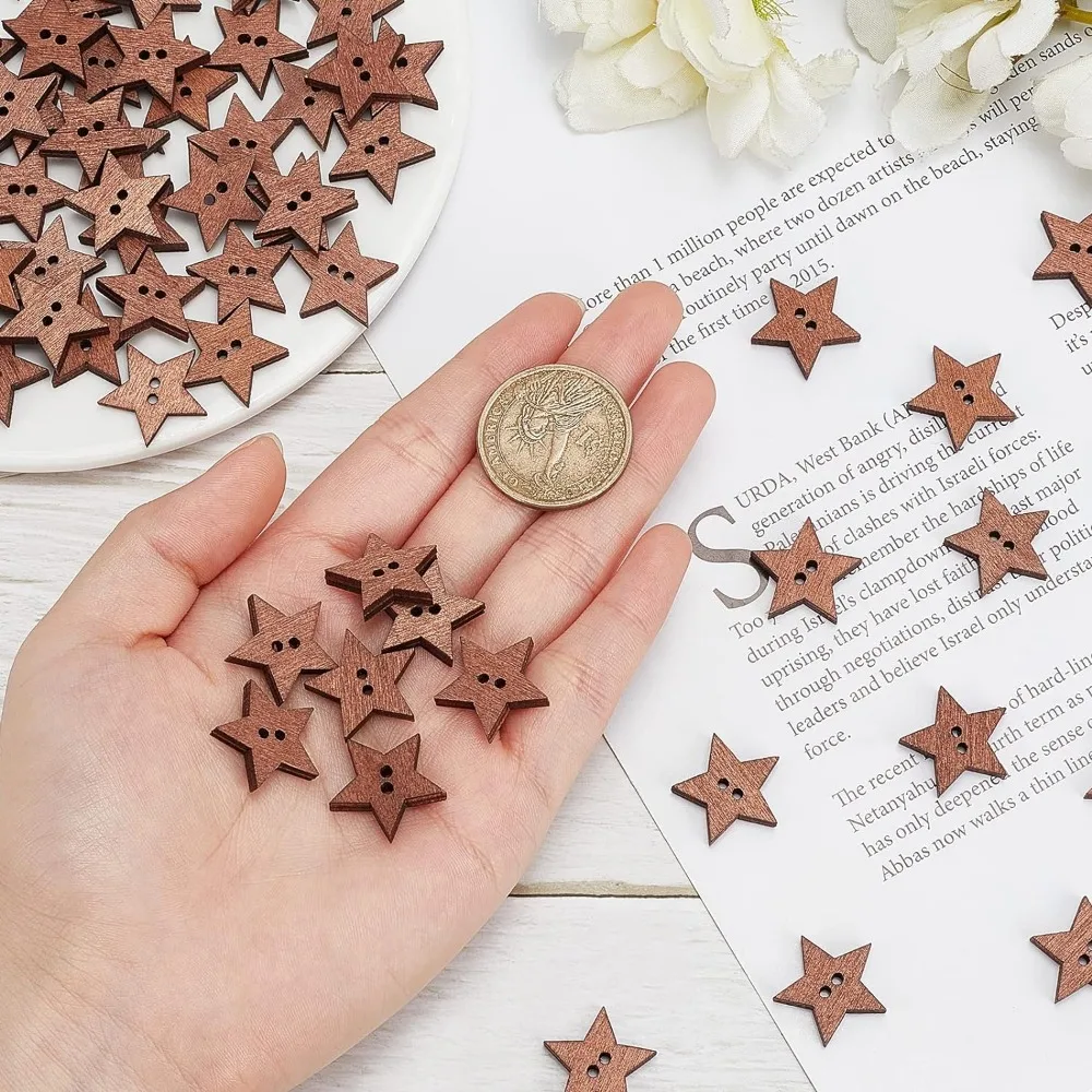 1 Box 100Pcs Wooden Stars Buttons with 2 Holes Vintage Small Sewing Scrapbooking Craft Button Christmas Decoration