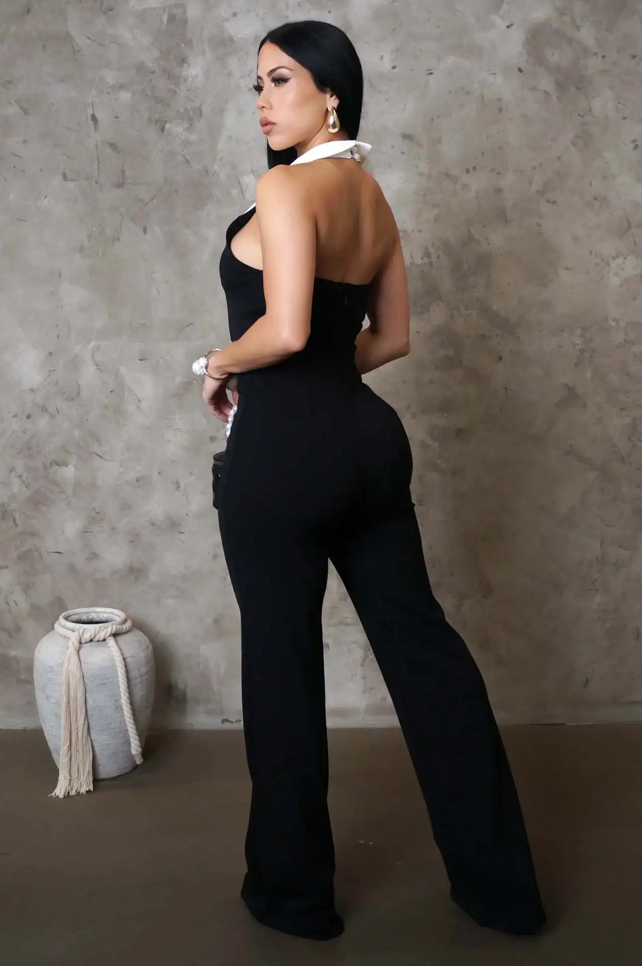 EINY Combinaison une pièce Chic pour femmes, mode Chic, col rabattu, col rabattu, sans manches, jambes larges, Sexy, fête, Club, barboteuse, Y2k Traf