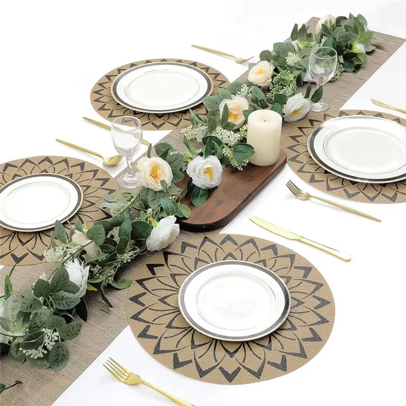 B62B Round Placemats Set of 6 Boho Flower Print Insulation Pad Non Slip Stain Wipeable PVC 15 Inch