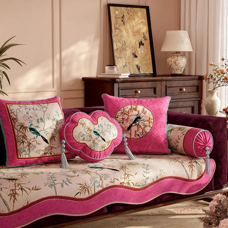 Pinky Velvet Pillow Retro Chinese Flora Birds Pillows Luxury Art Shiny Decorative Pillow Cover For Sofa Chair Home Decorations
