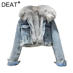 DEAT Women's Denim Coat Distressed Rivets Faux Fox Fur Lapel Warm Plush Thick Short Jackets 2024 New Fashion Winter 29L8883