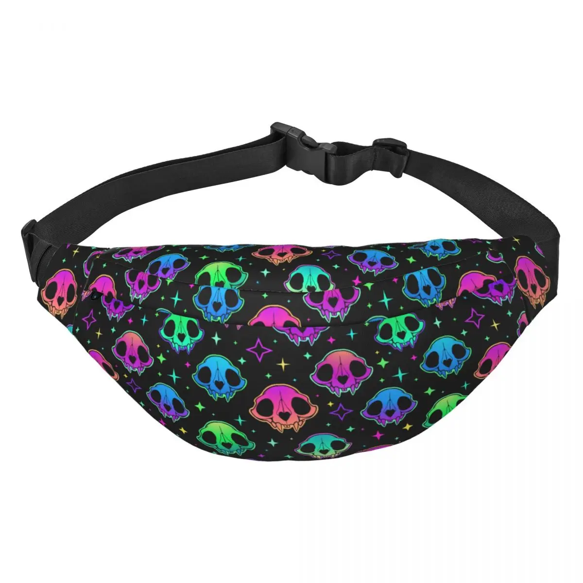 Custom Halloween Neon Cat Skull Stars Pattern Fanny Pack Travel Hiking Women Men Sling Crossbody Waist Bag Phone Money Pouch