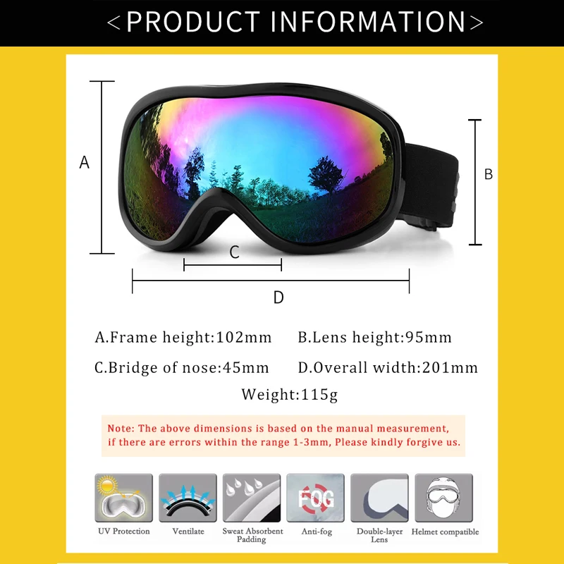 YOOLENS Ski Goggles Snowboard Windproof Snowmobile Anti Fog Snow Sports Double Layer Anti Fog Eyewear Glasses