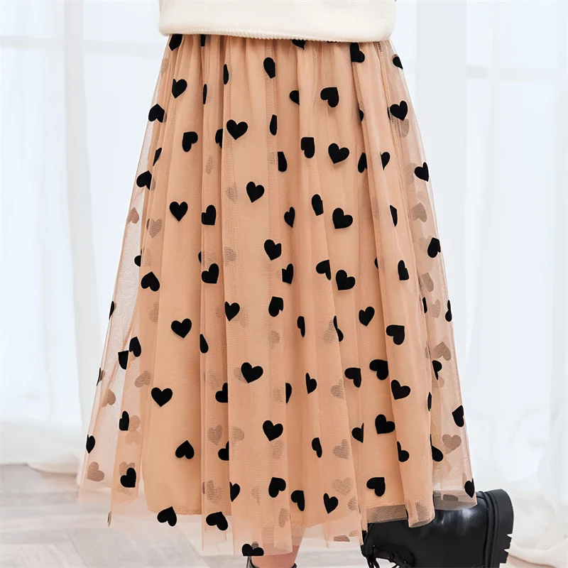 2024 New Girls Heart Skirts Printed High Waist Mesh Vintage Style Simple Long Skirts Children Casual Skirt