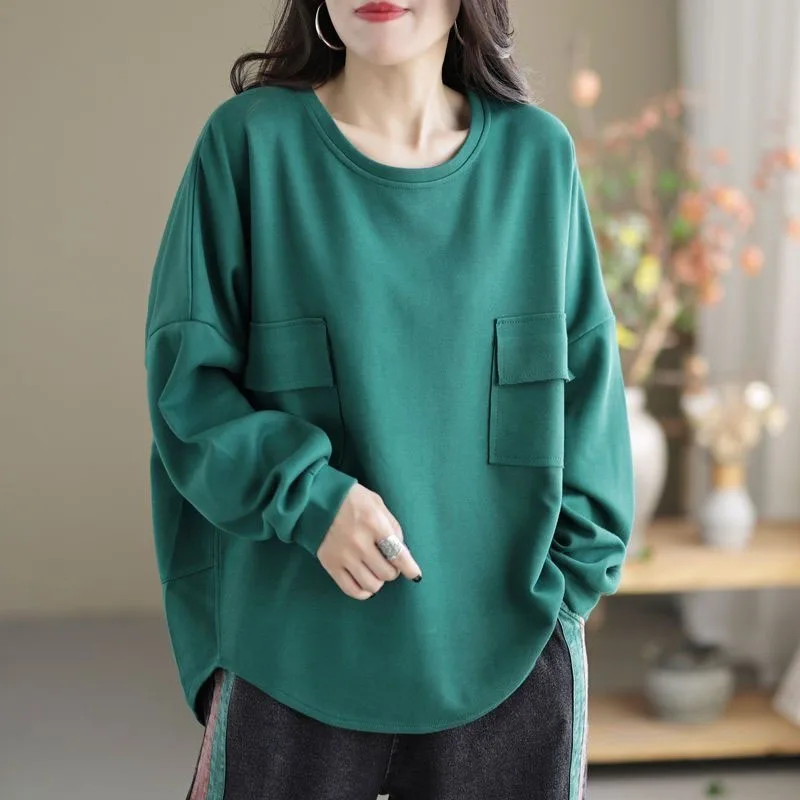 Spring and Autumn Fashion Trend Lazy Patchwork Pocket Round Neck Large Loose Versatile Simple Casual Women\'s Long Sleeve Sweater