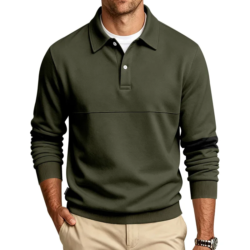 Men Autumn Lapel Pullover Sweatshirt Contrast Patch Sleeve Long Sleeve Polo Shirts Button Placket Casual Loose Daily Wear Street