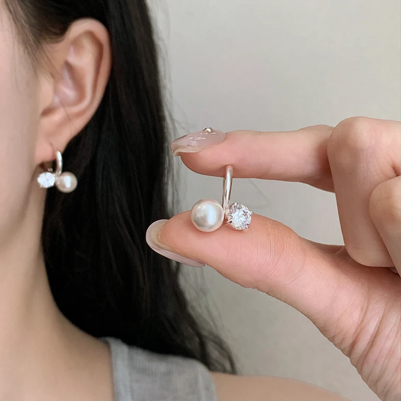 Pearl Zircon Earrings for Women Gold Silver Color Ear Cuff Dangle Hoop Earrings Copper Alloy Dainty Bridal Jewelry Gift for Her - view 4
