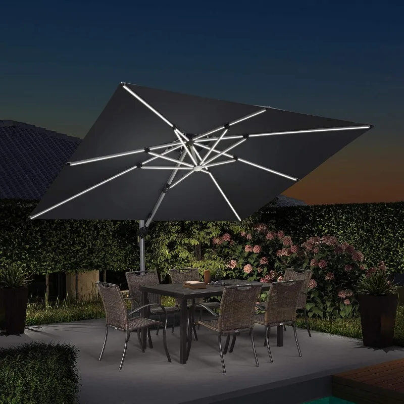 

10 Feet Double Top Deluxe Solar Powered LED Square Patio Umbrella Offset Hanging Umbrella Outdoor Market Umbrella, Navy Blue