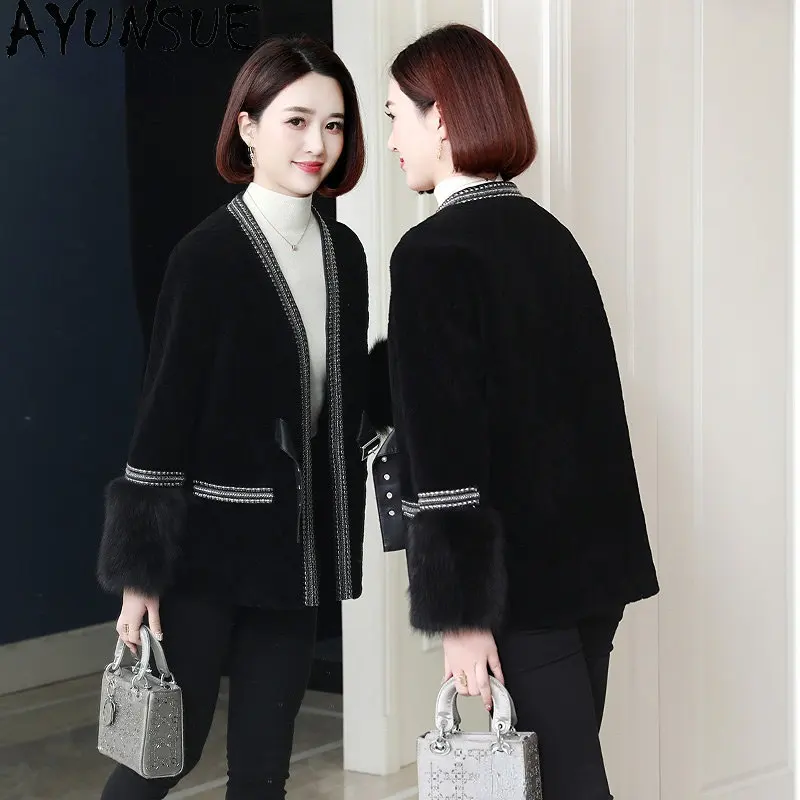 

AYUNSUE Casual Sheep Shearing Jacket Women Fox Fur Cuffs Elegant 100% Wool Jacket Fur Coat Women's Coats and Jackets Chaqueta