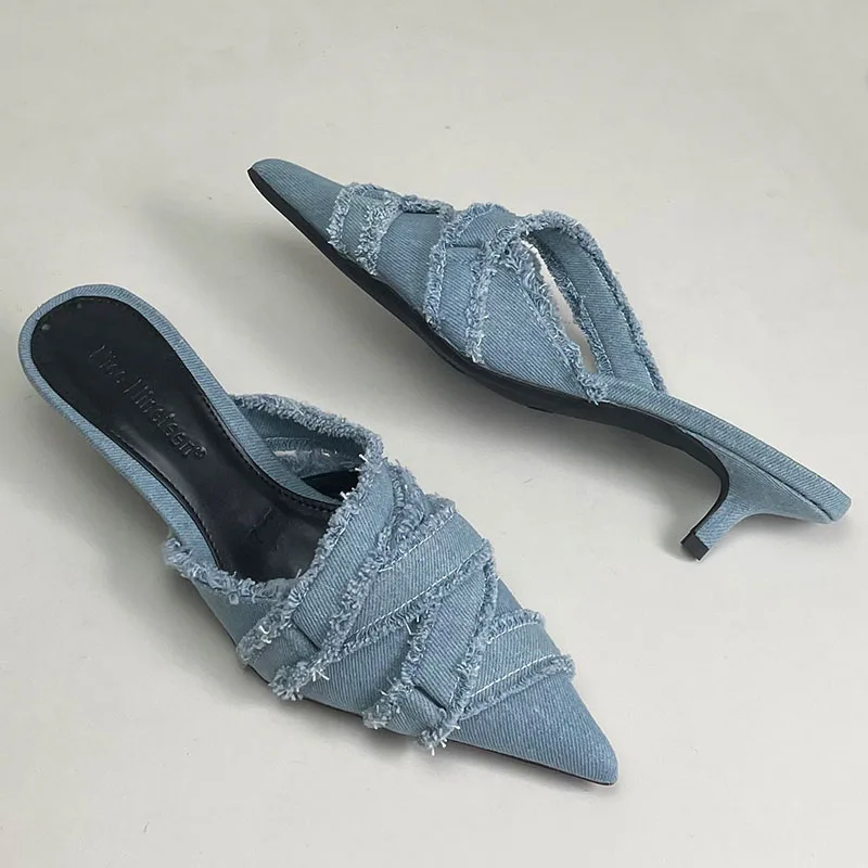 Pointed Toe Pumps Heels Shoes Elegant Women Mules Slides Designer Female Fashion Denim Medium Heel Shoes For Ladies 2024