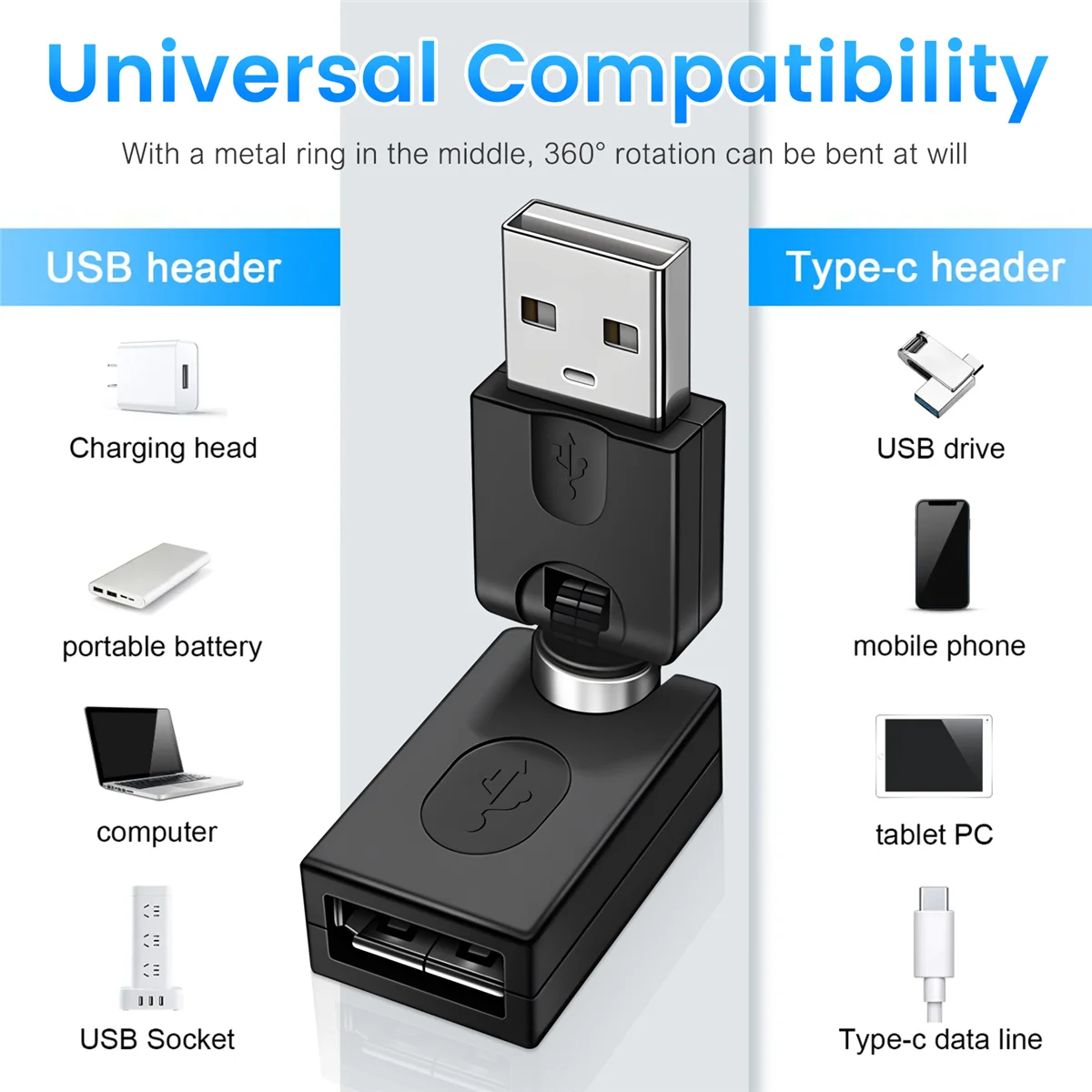 A25UBlack USB 2.0 Male To USB Female 360 Degree Rotation Angle Extension Adapter