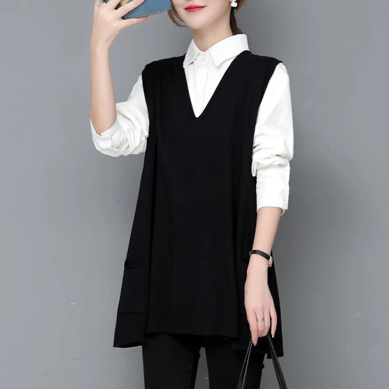 Spring Autumn Women Korean Style Simple Elegant V Neck Sleeveless Knitted Sweater Vest Female Casual Solid Loose Tunic Waistcoat