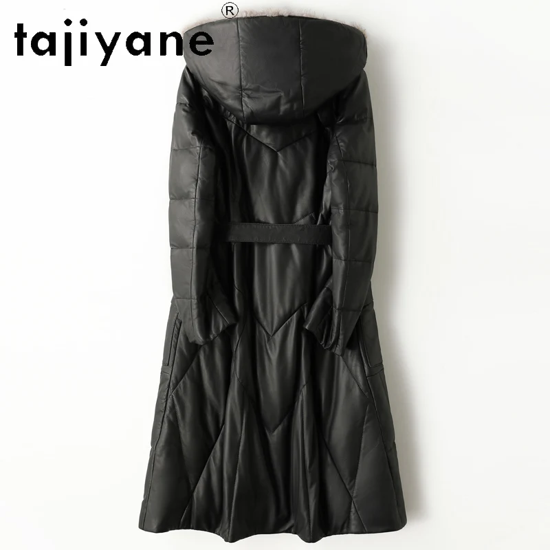 TAJIYANE 100% أعلى الحبوب جلد الغنم أوزة أسفل معطف امرأة جلد طبيعي سترة طويلة منفوخة مع قبعة فرو المنك 2025 الملابس الشتوية