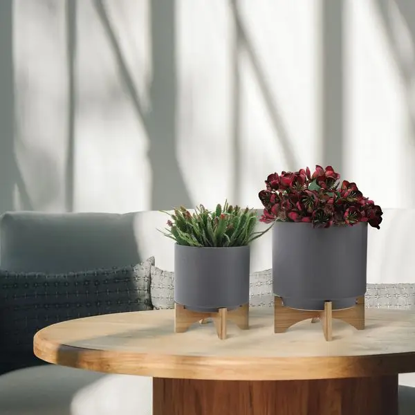 

S/2 8/10' PLANTER W/ WOOD STAND, MATTE GRAY