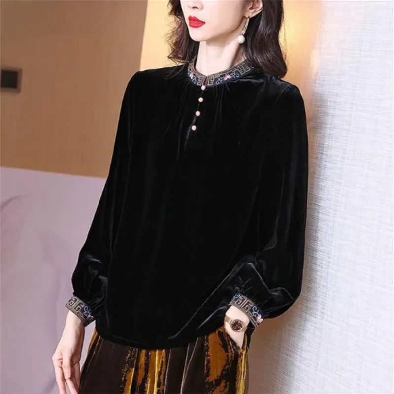 

Velvet Top for Women Tshirt Retro Pullover Black Ethnic Blous Chinese T-shirt Autumn Winter Tshirts Stand Collar Female Tees