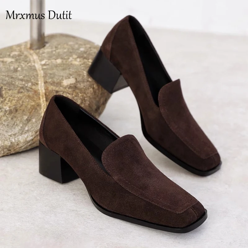 Mrxmus Dutit 2024 Autumn New Women Genuine Leather Vintage Suede Shoes Solid Thick Mid Heel Loafer Shoes Versatile Female Chic