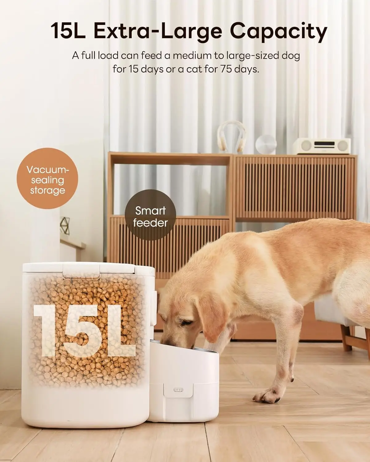 For Large Breed Dogs, 15L Vacuum-Sealed Automatic Dog Feeder, Anti-Clog, Portion Control, Voice Record, Dual Power