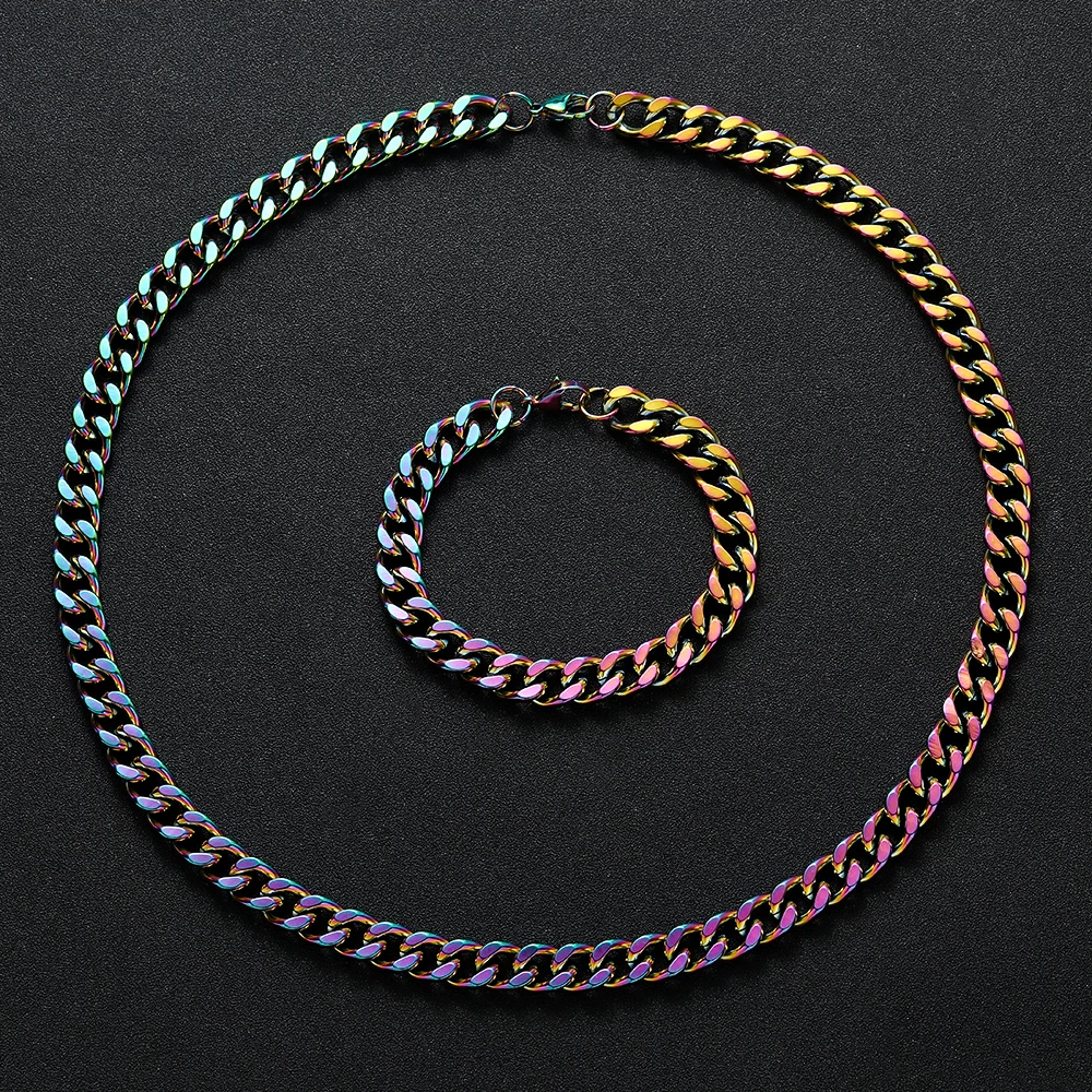 New Arrival Width 10MM 316L Titanium Steel Plated Colorful Cuban Chain Necklace Bracelet Fashion Hip Hop Jewelry Set For Men