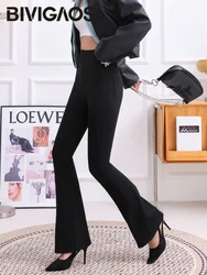 BIVIGAOS High Waist Zipper Back Pocket Flared Leggings Women Hip Lift Sharkskin Legging Spring Autumn Slim Business Flared Pants