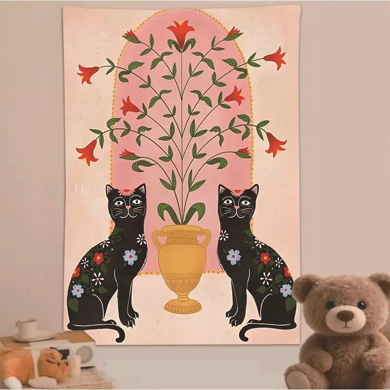 VIKAMA Retro Cat Rose Heart Tapestry Kawaii Floral Wall Hanging Aesthetic Girls Bedroom Dorm Decor Vintage Photo Backdrop Cloth