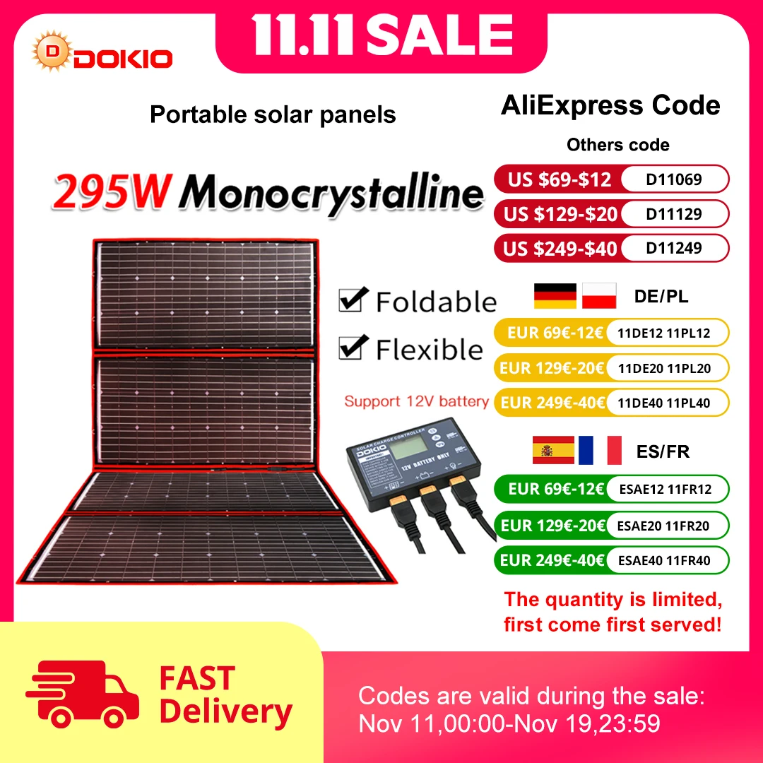 Dokio-フレキシブルソーラーパネル295W 18V,ポータブル,折りたたみ式,キャンプ,ボート,RV,旅行,家庭,車用