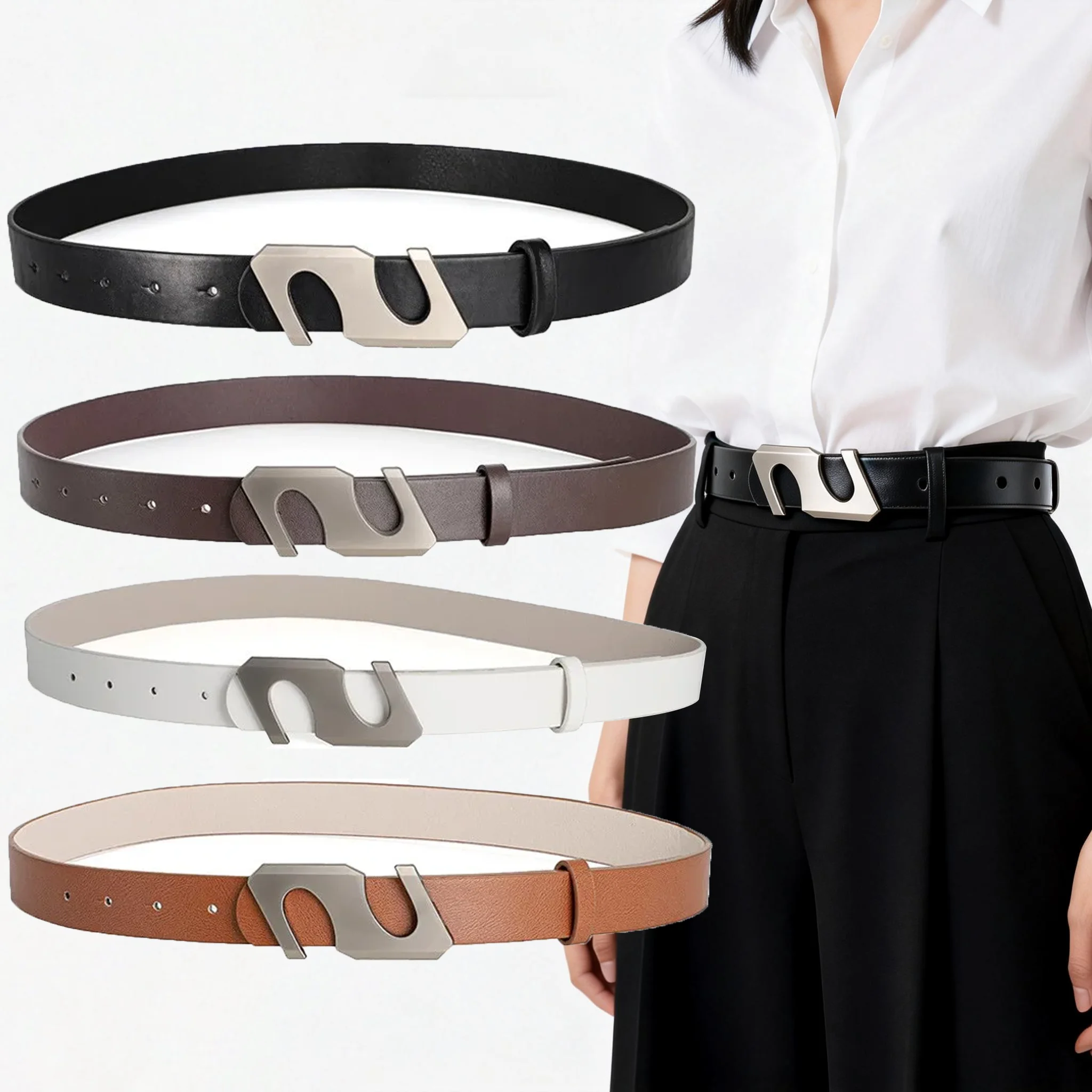 Minimalistischer, stilvoller S-förmiger Schnallengürtel für Damen, einfarbiger, eleganter Gürtel aus PU-Leder, lässiges, vielseitiges Accessoire, Damen-Taillengürtel