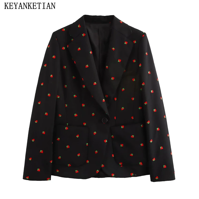 KEYANKETIAN 2024 Autumn New Women's Fruit Print Fashion Suit Office Lady Slim One-Button Back slit Double Pockets Outerwear