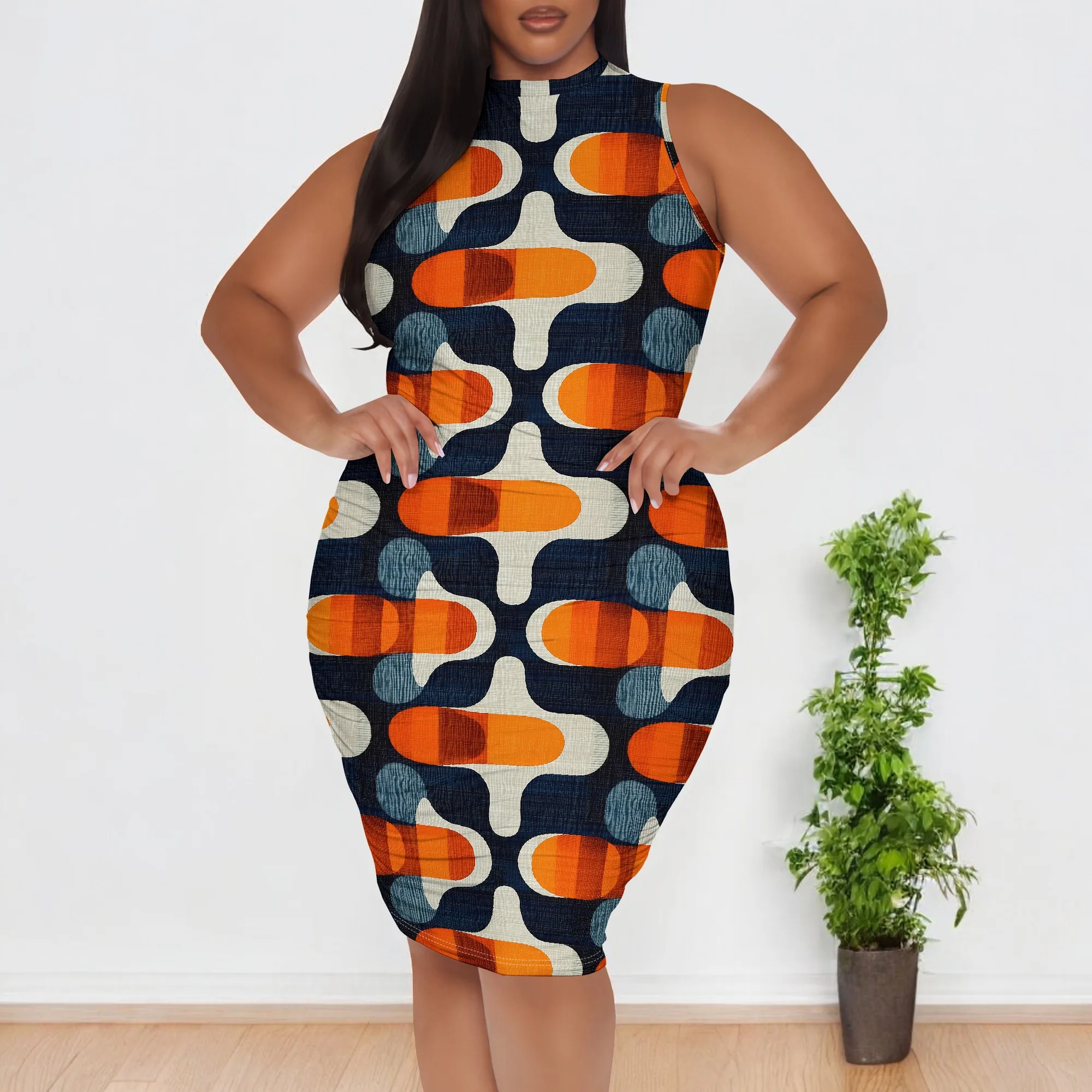 

Mid Century Modern Geometric Print Dress Sleeveless Bodycon XL-6XL for Festival or Night Out