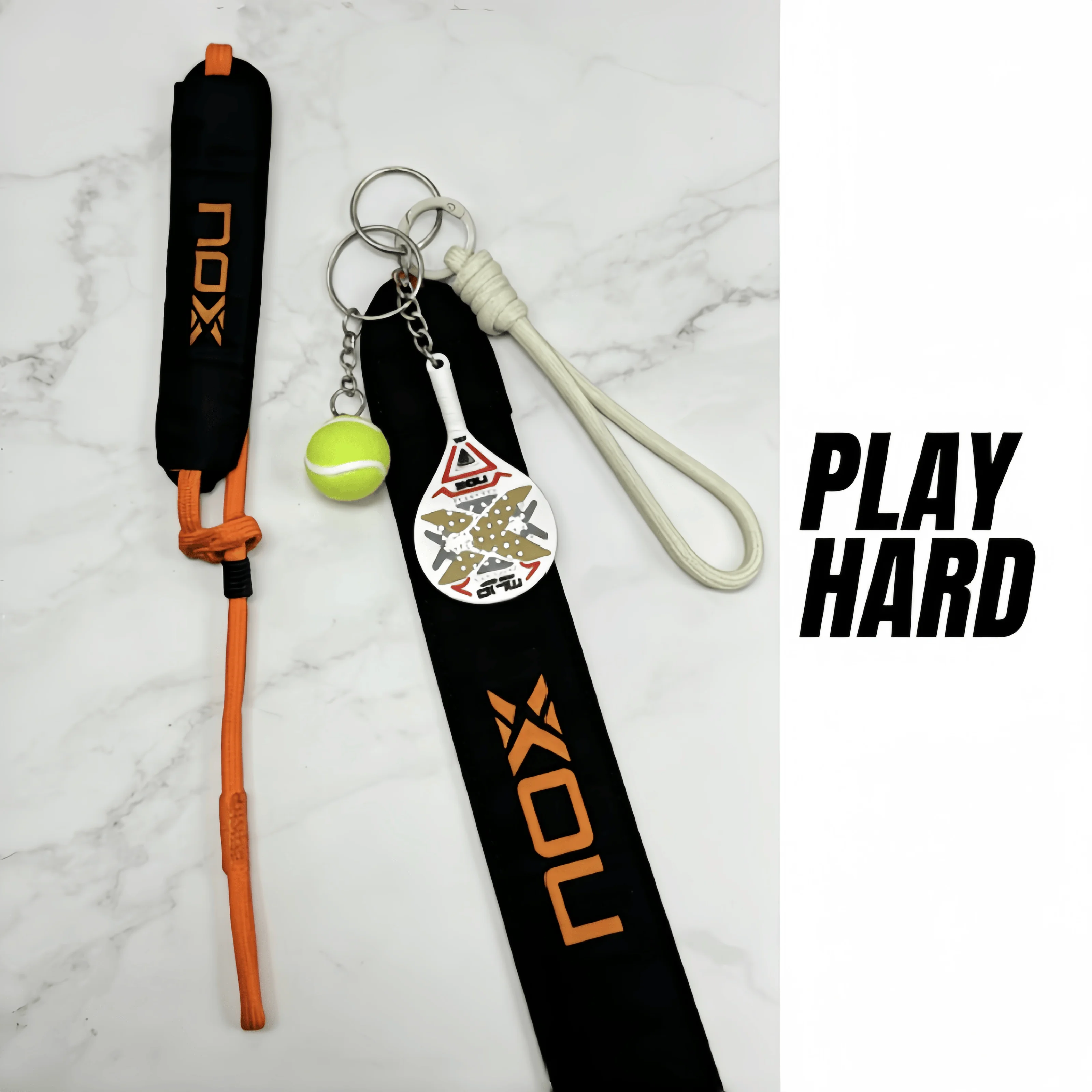 

Nox Sports Keychain 2pcs Set, Tennis Racket Cord & Mini Ball Holder, Perfect Gift for Friends, Unique Design, Not Duplicate