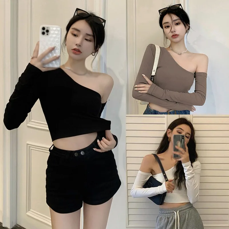 Fashion Korean Tops Long-sleeved Sloping Shoulders Bottoming Shirts Irregular Y2K Spring Autumn Crop Tops