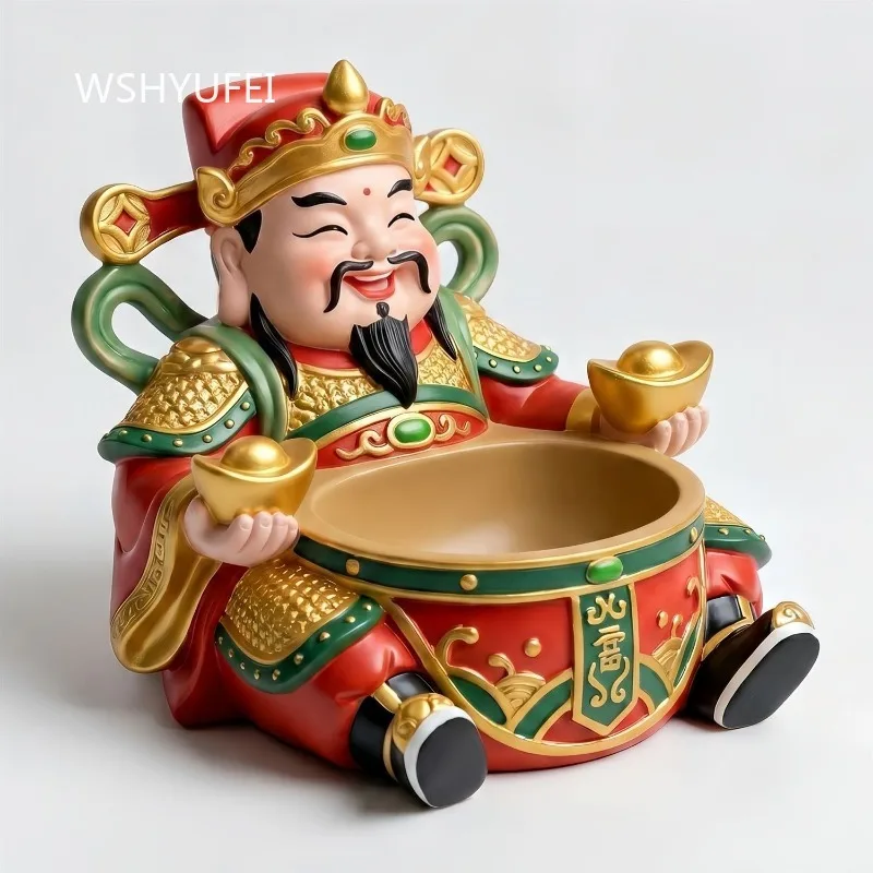 Chinese God of Wealth Statue Storage Bowl with Gold Ingot Feng Shui Organizer Key Holder Candy Dish for Home Entryway Decor