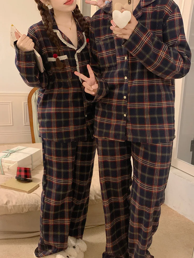 New Lover Home 100%Cotton Plaid Plaid Korean Loose Long Sleeve Pajama Set Women Couple Elegant Casual Comfortable Sleepwear Ins