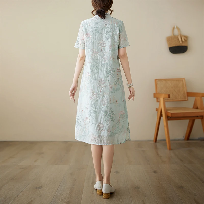 ملابس نسائية شابة من القطن Linhwa Summer Dr New Sle الصينية الوطنية لحفل الشاي على شكل حرف A تنورة ort...