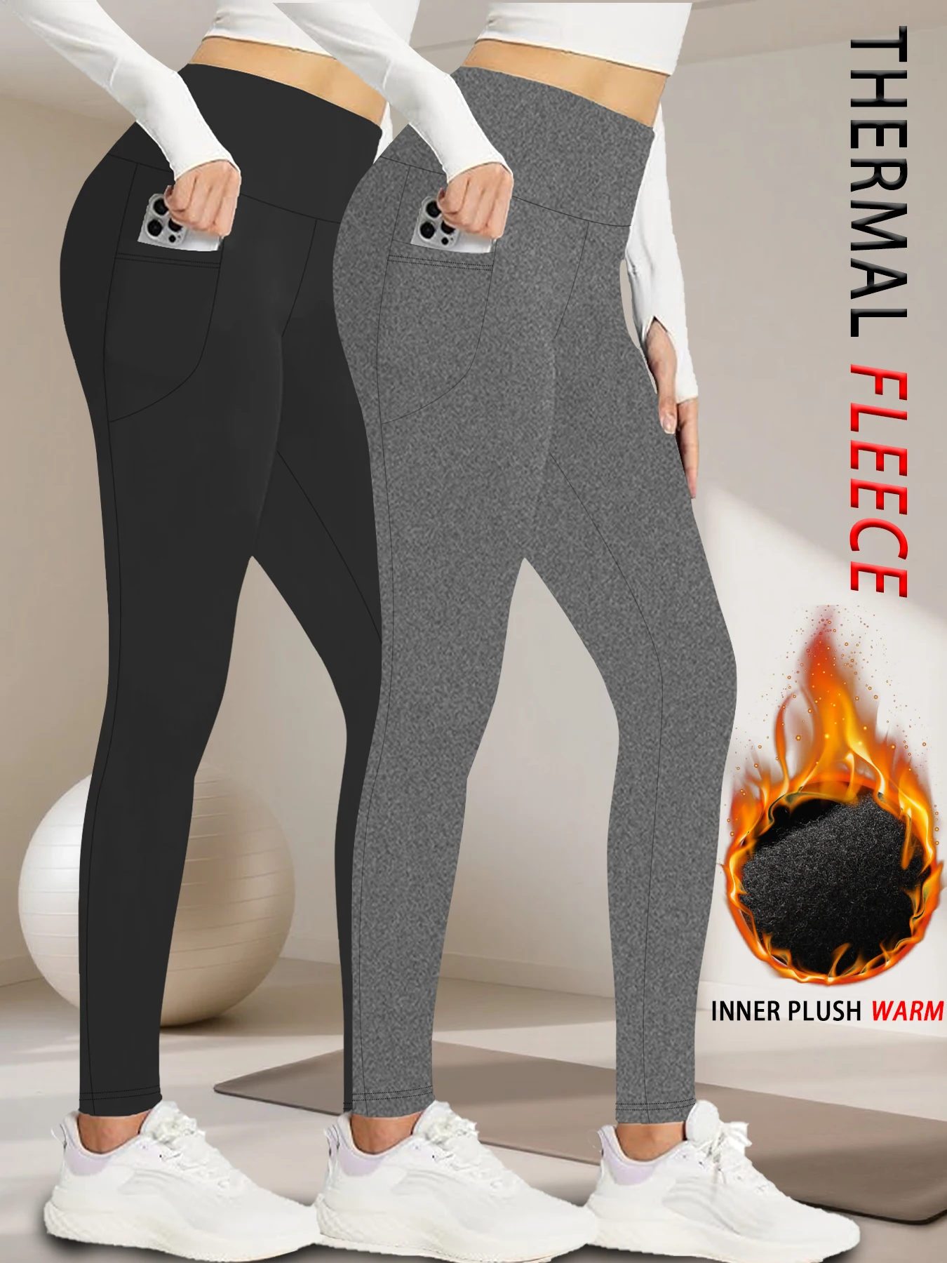 

2 Pack Women's Winter Thermal Leggings with Pockets - Fleece Lined Tummy Control Thick Warm Tights for Workout Running